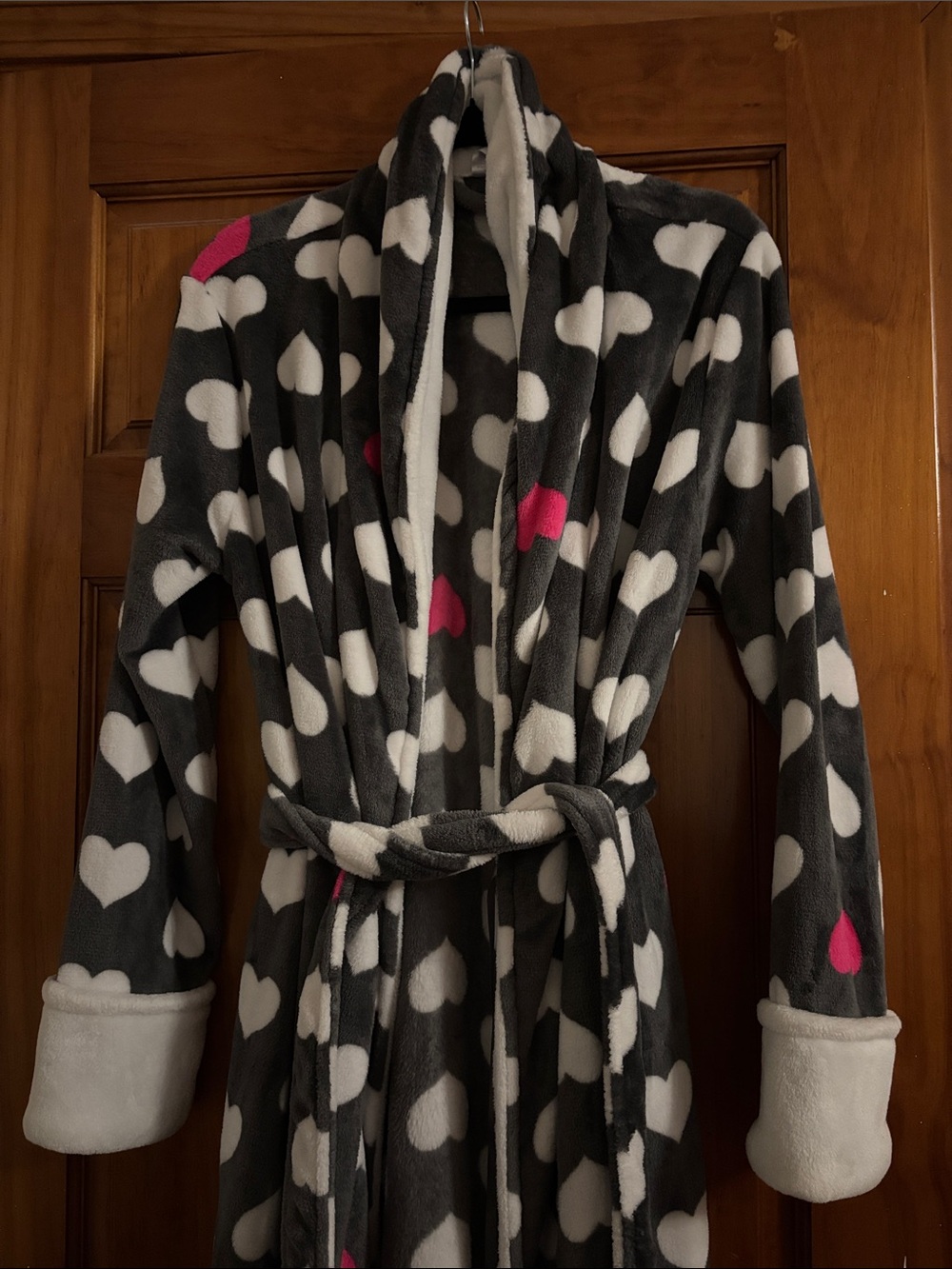 Secret Treasures Gray Plush Robe with White Hearts and Pink Accents